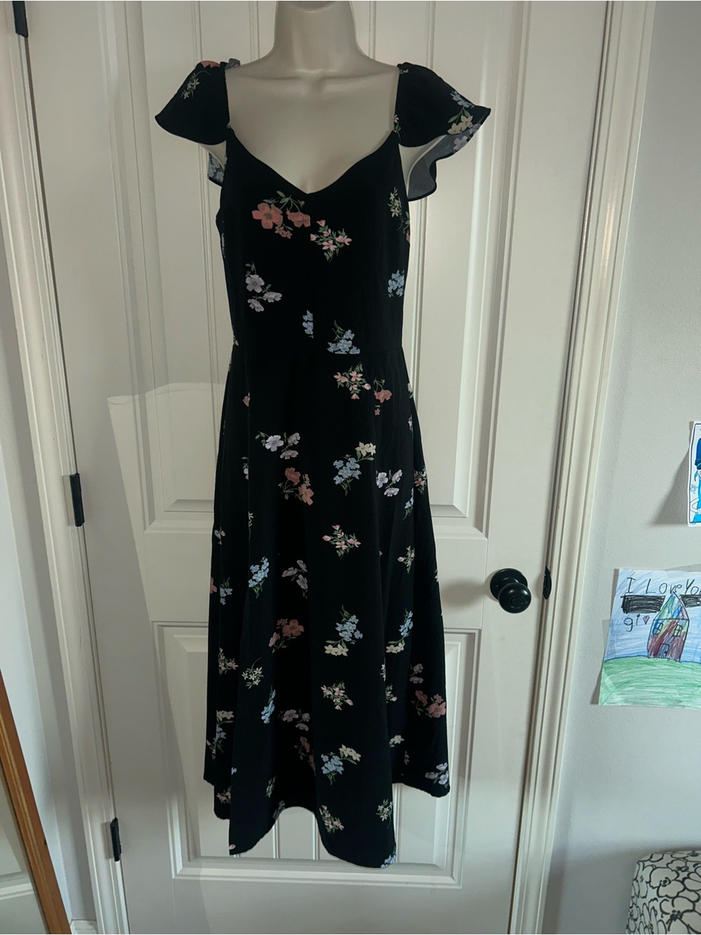 NEW Market & Spruce Black Floral Midi Dress with Ruffle Cap Sleeves Sz S